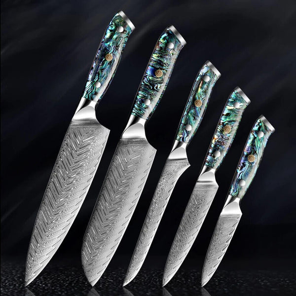 Umi Japanese Damascus Steel 5 Piece Knife Collection with Abalone Shell Handle