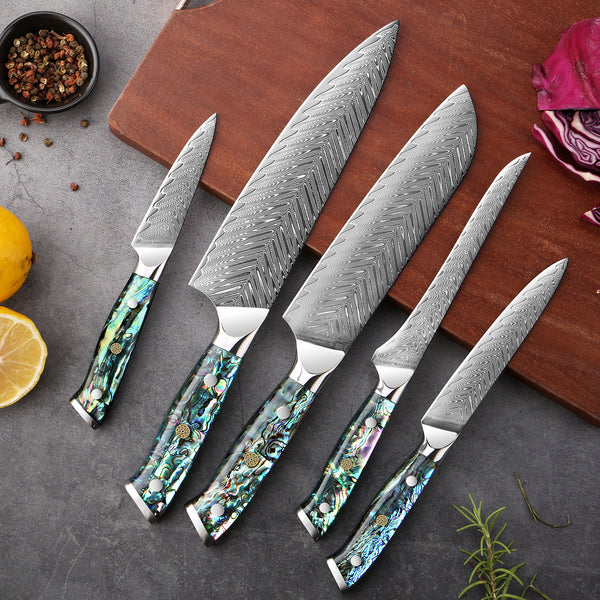 Abalone Shell Handle 5 Piece Damascus Knife Set MOP Mother of Pearl Senken Knives Umi