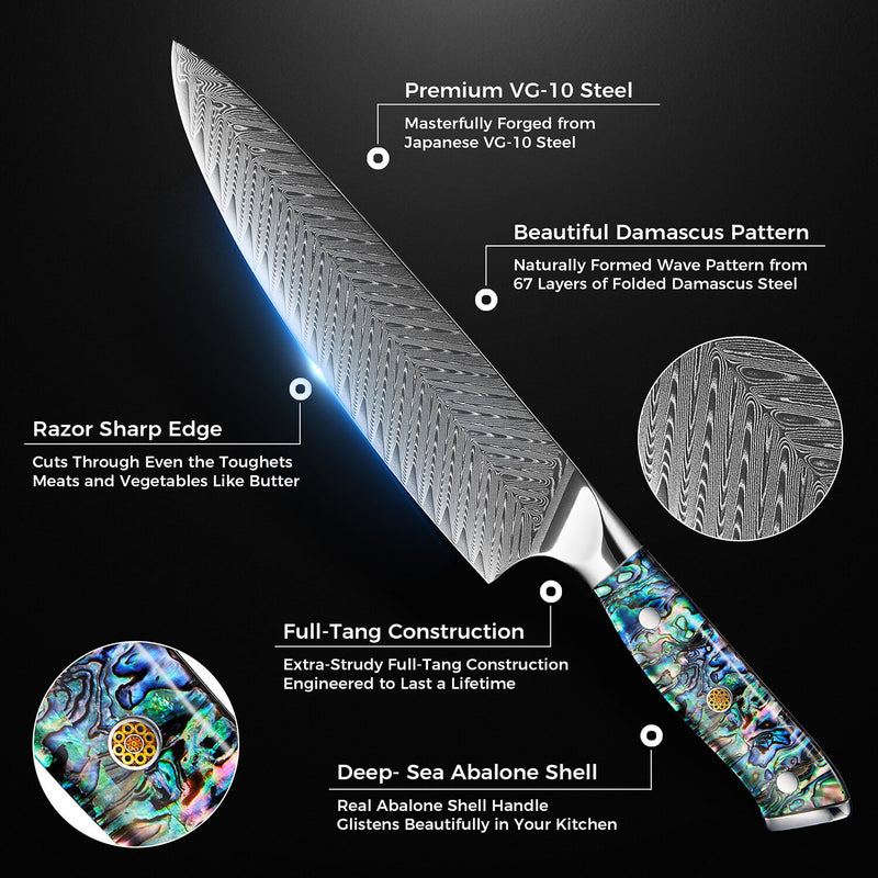 Umi Abalone Chef Knife Japanese Damascus Steel Specs Senken Knives