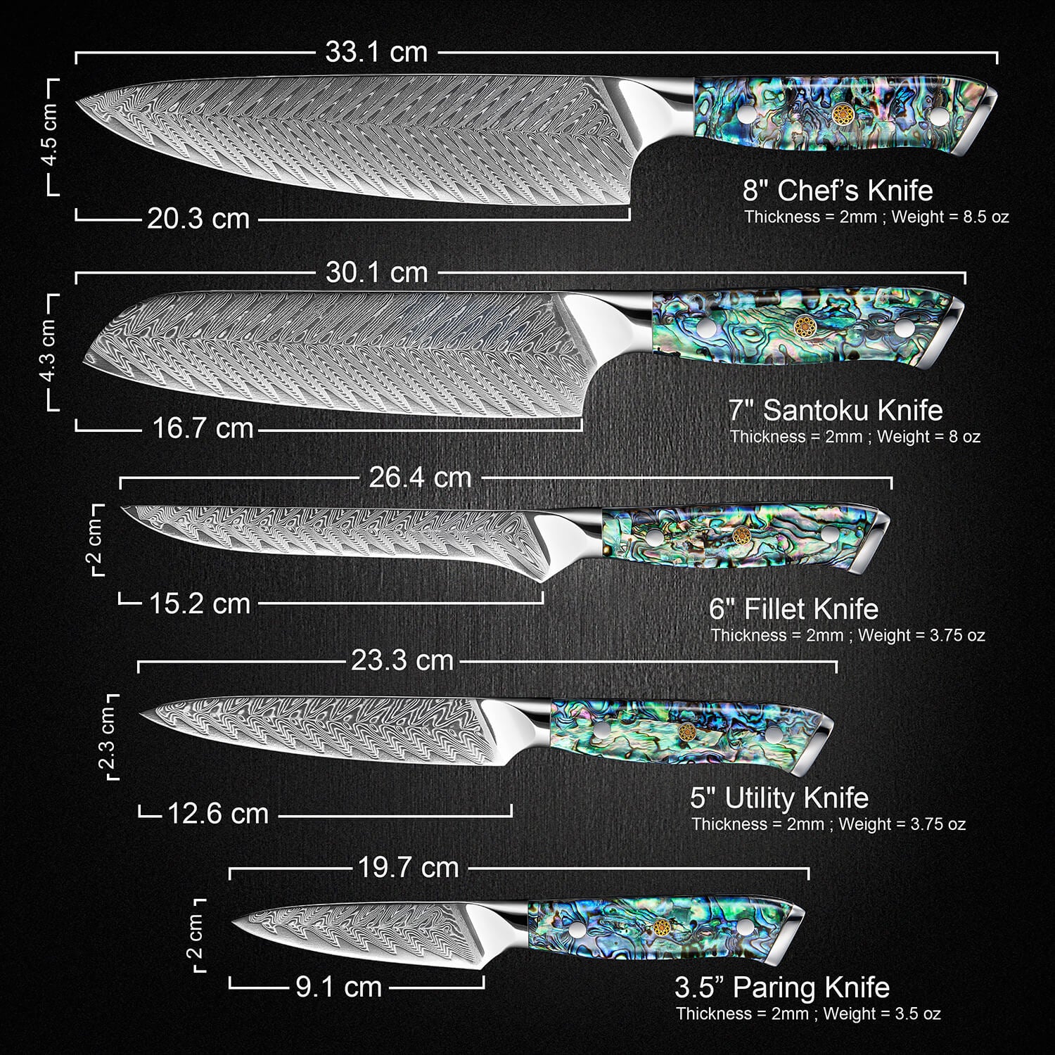 Umi Abalone Japanese Chef Knife Set Measurements Length Weight Senken