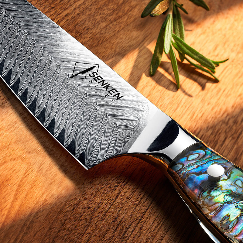 Umi Abalone Knife Set Chef Knife Closeup Damascus Pattern Japanese VG10 Steel Senken Knives