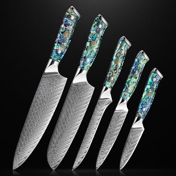 Umi Japanese Damascus Steel 5 Piece Knife Collection with Abalone Shell Handle