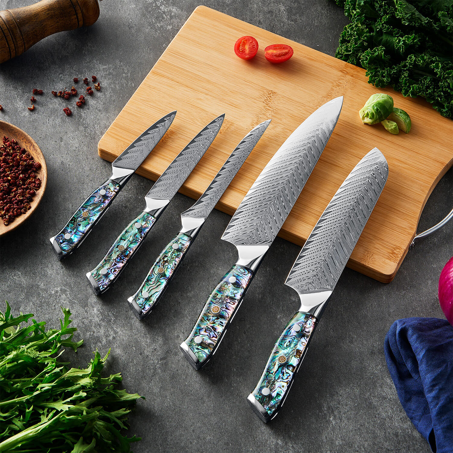 Umi 11-Piece Japanese VG10 Damascus Knife Block Set — with Abalone She