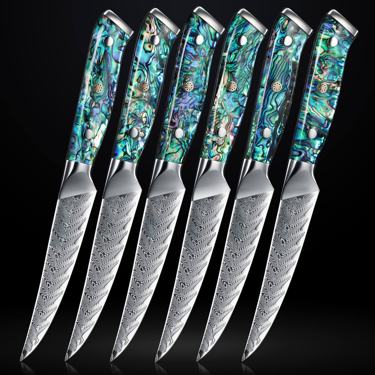 Umi 6-Piece Steak Knife Set Damascus Steel Abalone Shell Green Blue Handle