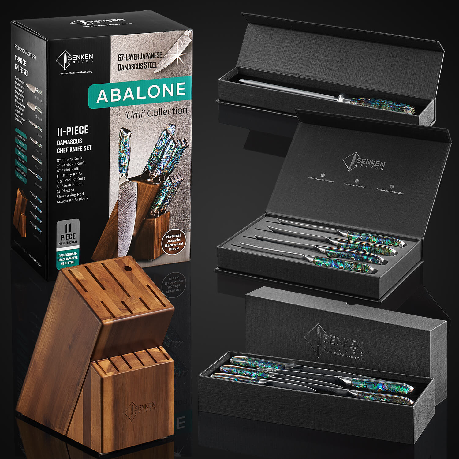 Senken Knives Abalone knife set with packaging and wooden knife block on a reflective black surface.