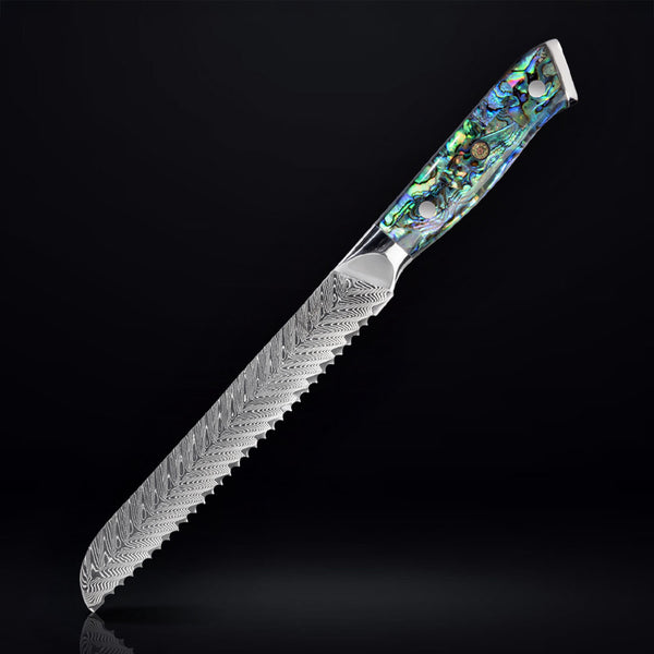 Damascus Steel Bread Knife Abalone Shell Handle Umi Collection by Senken Knives