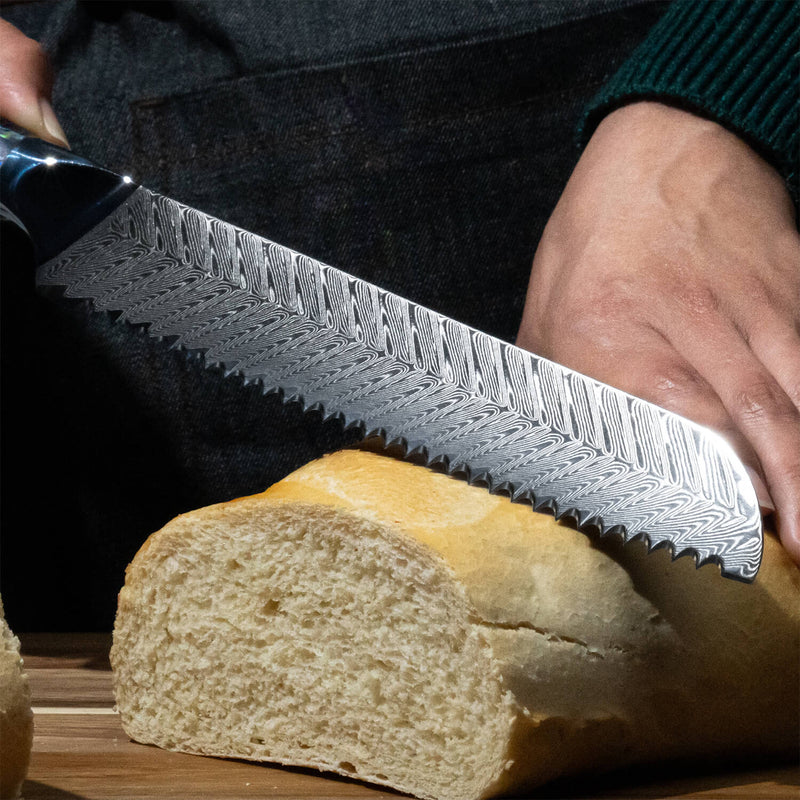 Umi Damascus Japanese Steel Bread Knife Cutting Closeup