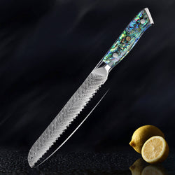 Damascus Steel Bread Knife Abalone Shell Handle Umi Collection by Senken Knives