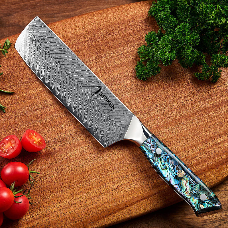 Damascus Nakiri Cleaver Knife Japanese Steel on Cutting Board