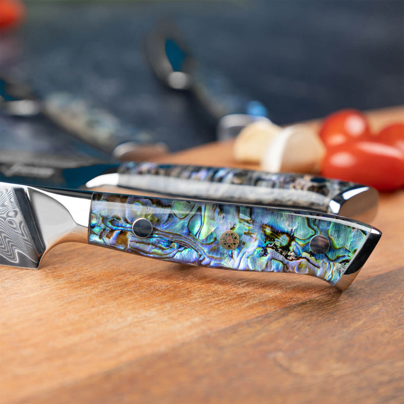 Umi 3.5" Paring Knife with Abalone Shell Handle Closeup Shot
