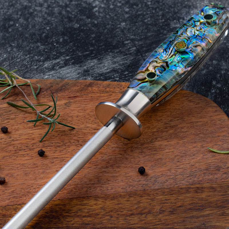 Abalone Shell Handle Sharpening Steel Emery Rod Umi by Senken Knives Rod Closeup