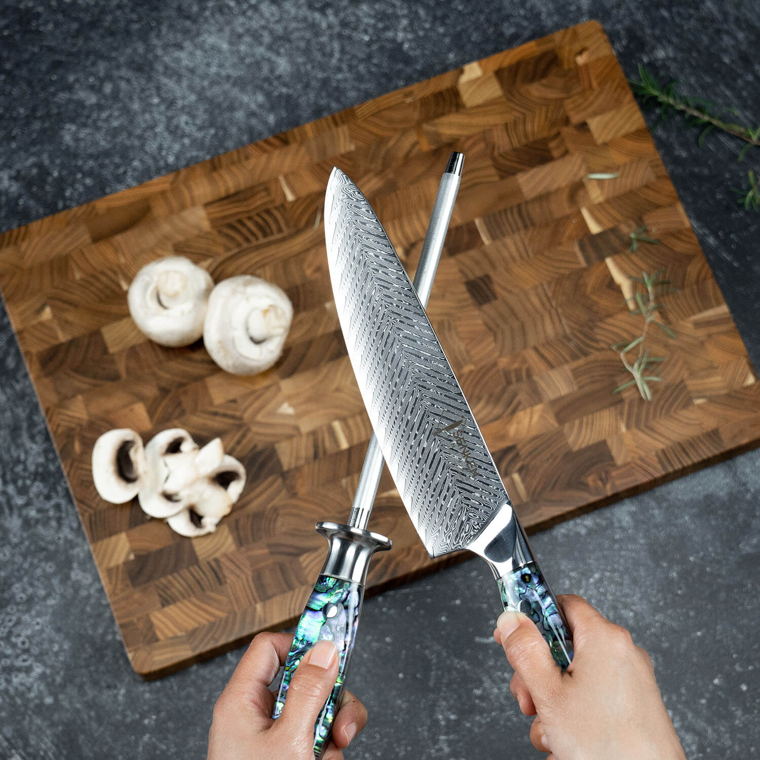 Abalone Shell Handle Sharpening Steel Emery Rod Umi by Senken Knives Main Image Product Use #2