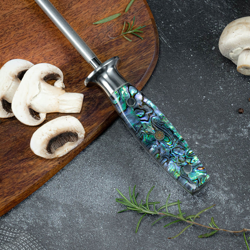Abalone Shell Handle Sharpening Steel Emery Rod Umi by Senken Knives Main Image Handle Closeup