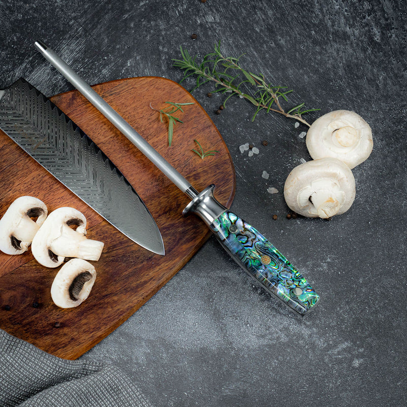 Abalone Shell Handle Sharpening Steel Emery Rod Umi by Senken Knives Main Image Lifestyle Shot Kitchen