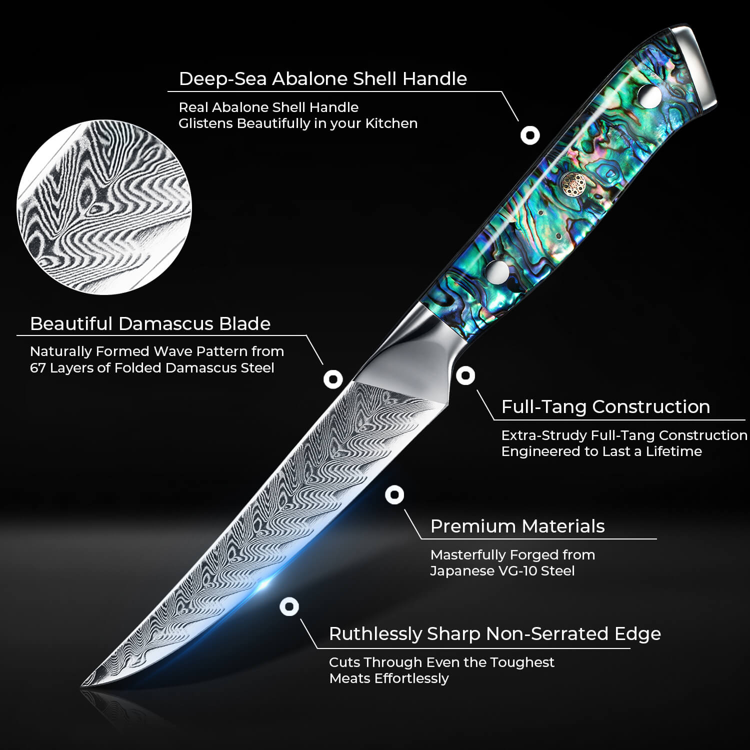 Umi Steak Knife Set Stunning Abalone Shell Handles Info Specs Features