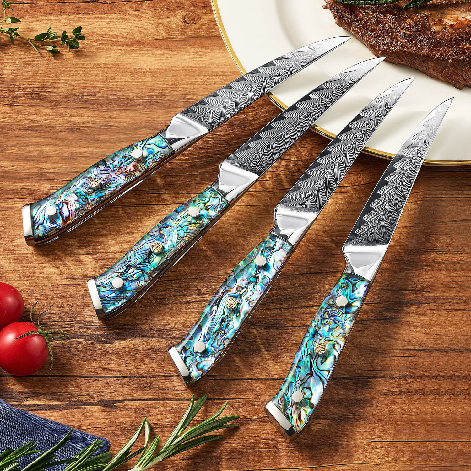 4-Piece Damascus Steak Knife Set with Abalone Shell MOP Handle