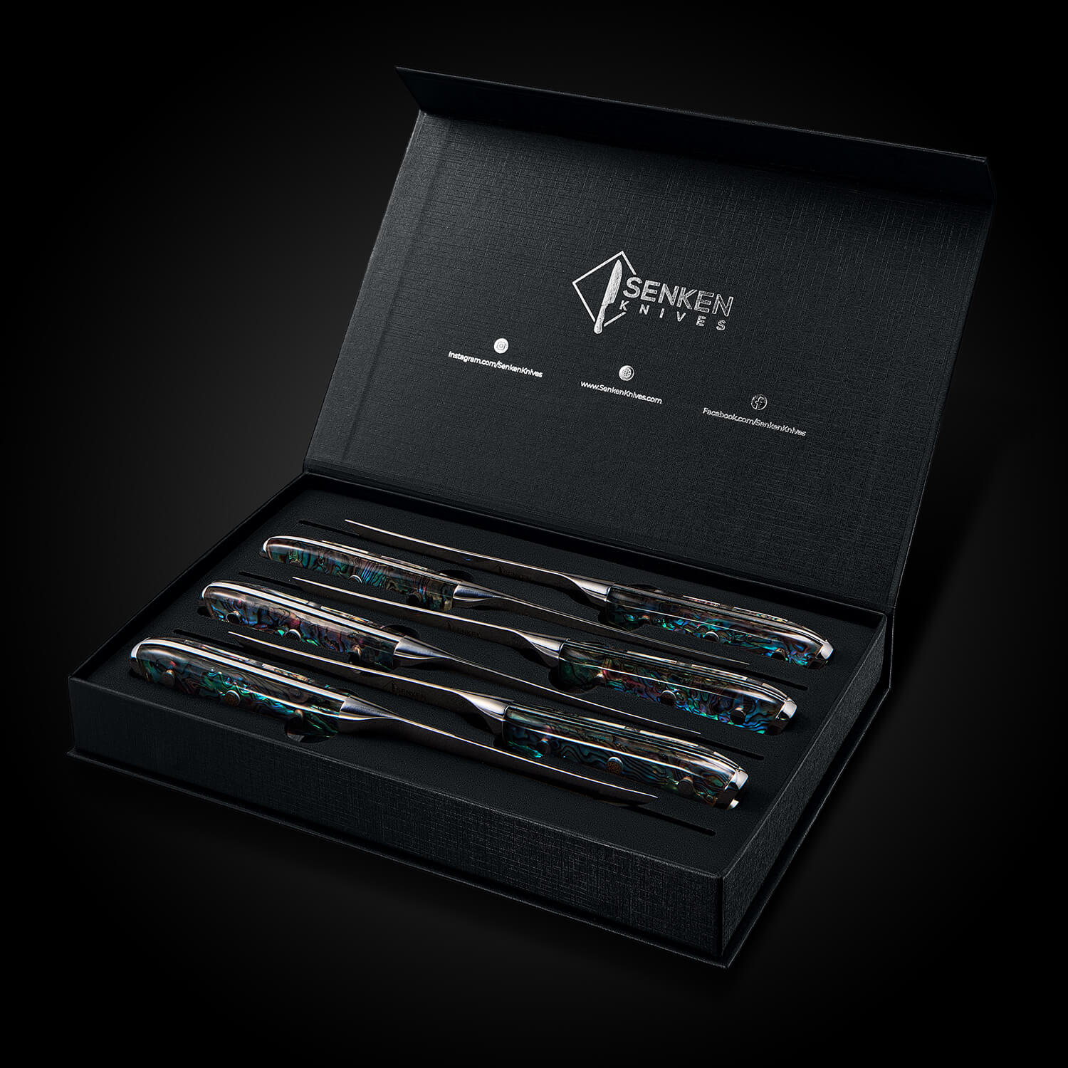 Luxury Gift Box Set of knives in a black box with Senken Knives branding on a dark background