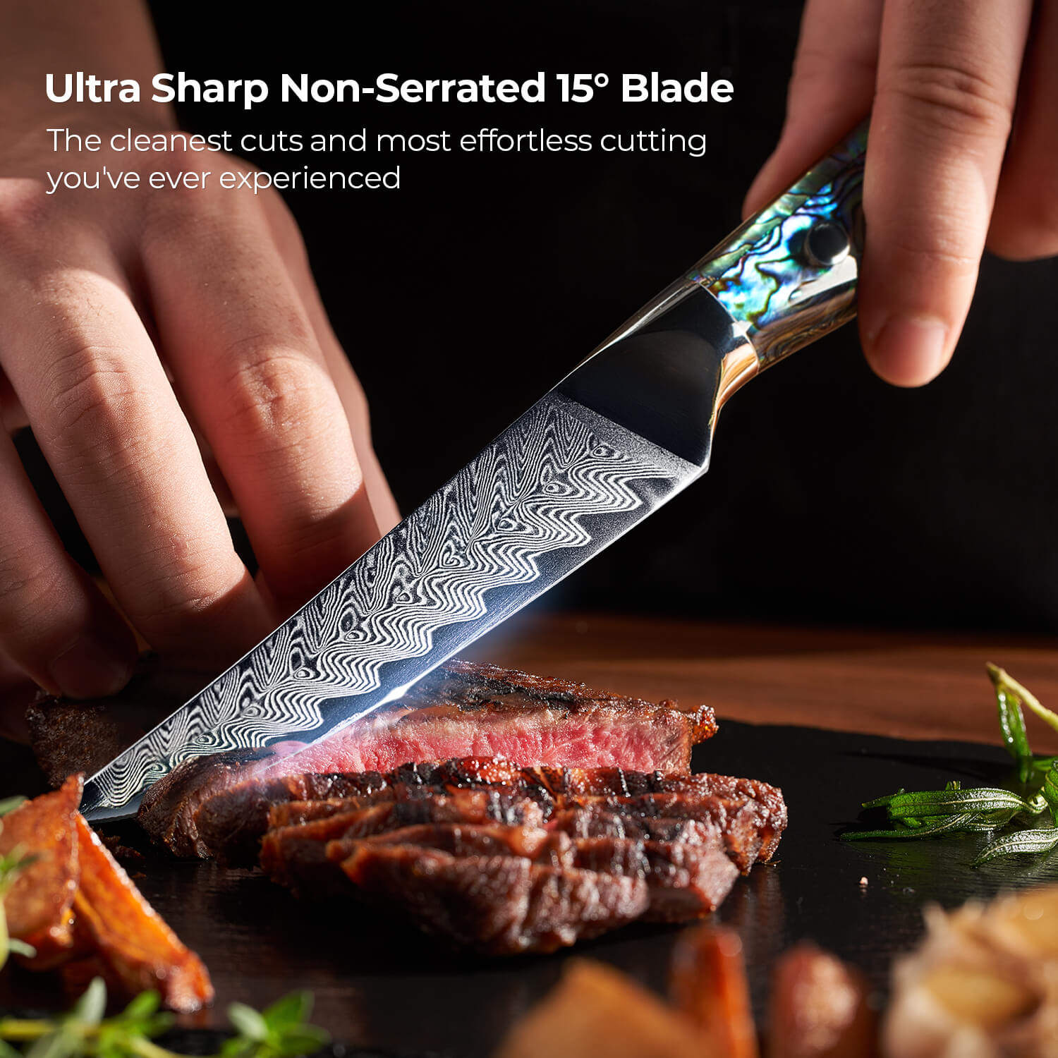 Ultra Sharp Non-Serrated Steak Knife Blade Senken Damascus Steel Abalone Handle