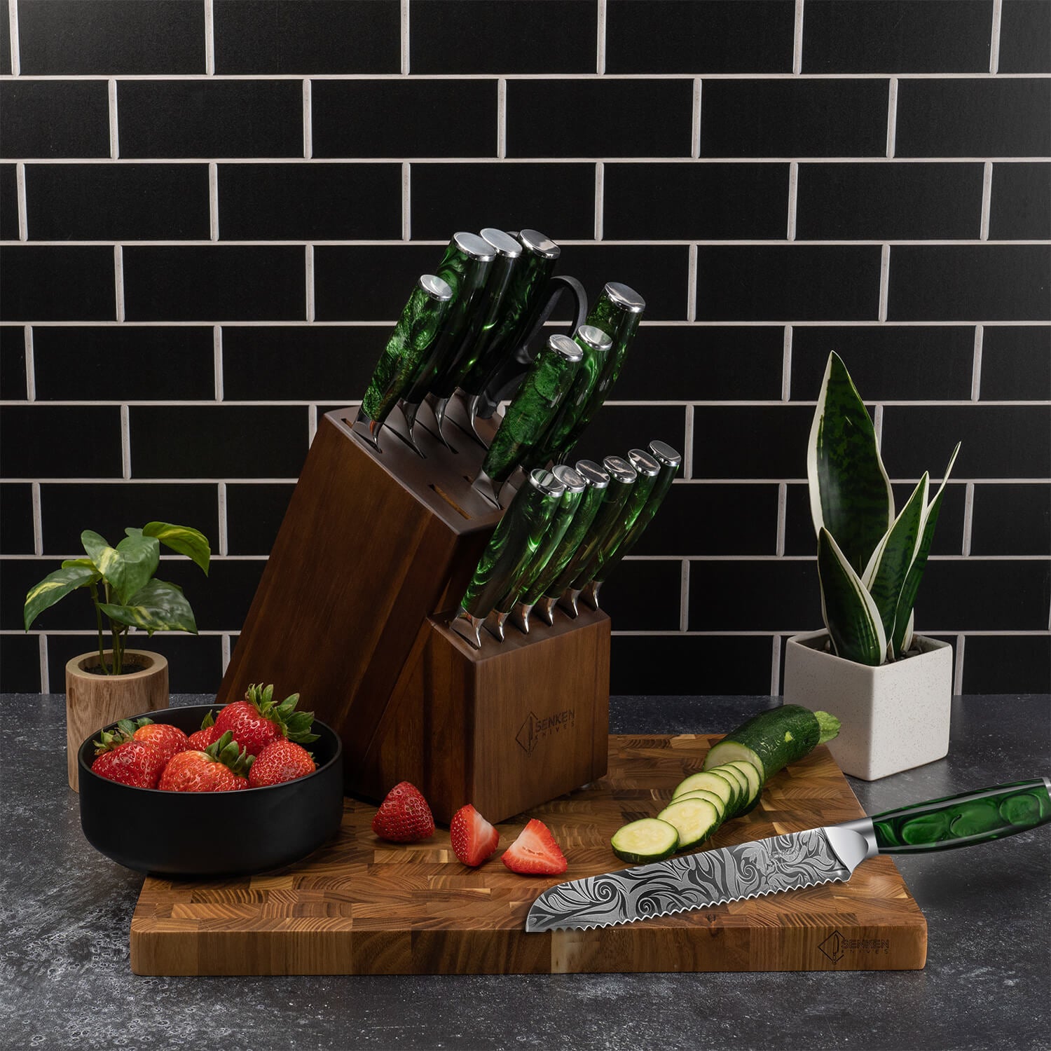 Wasabi 16 Piece Japanese Knife Block Set Green Resin Handles Lifestyle 1