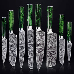 8-Piece Wasabi Japanese Kitchen Knife Collection Engraved Blades Green Resin Handles by Senken Knives Dark BG