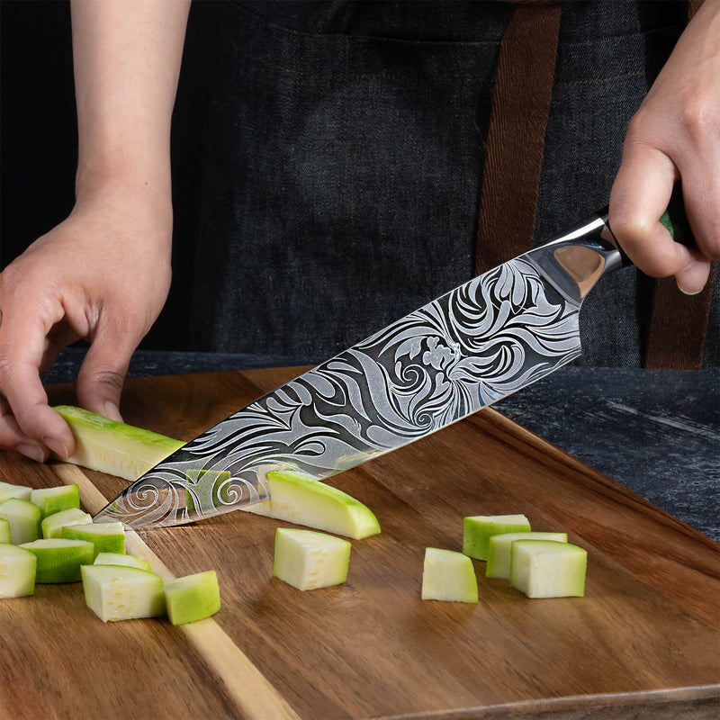 8-Piece Wasabi Japanese Kitchen Knife Collection Engraved Blades Green Resin Handles by Senken Knives Chef Knife Cutting Vegetable