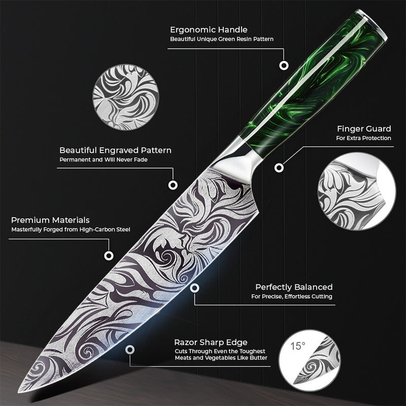 8-Piece Wasabi Japanese Kitchen Knife Collection Engraved Blades Green Resin Handles by Senken Knives Infographic