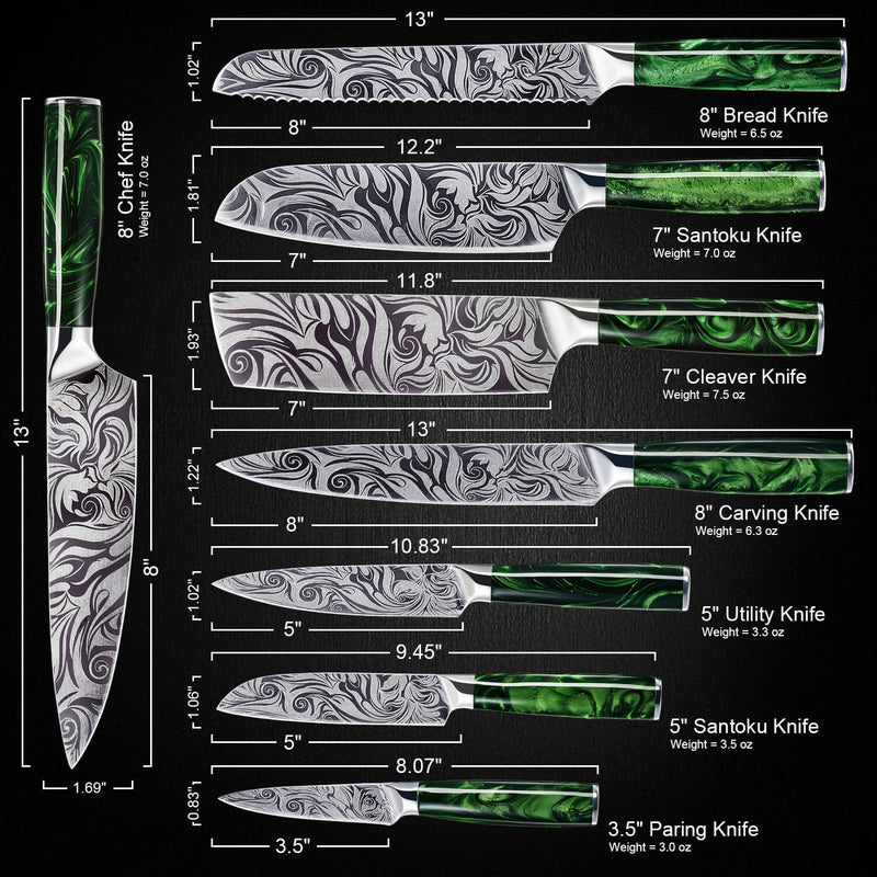 8-Piece Wasabi Japanese Kitchen Knife Collection Engraved Blades Green Resin Handles by Senken Knives What's Included Measurements Length Dimensions Weight