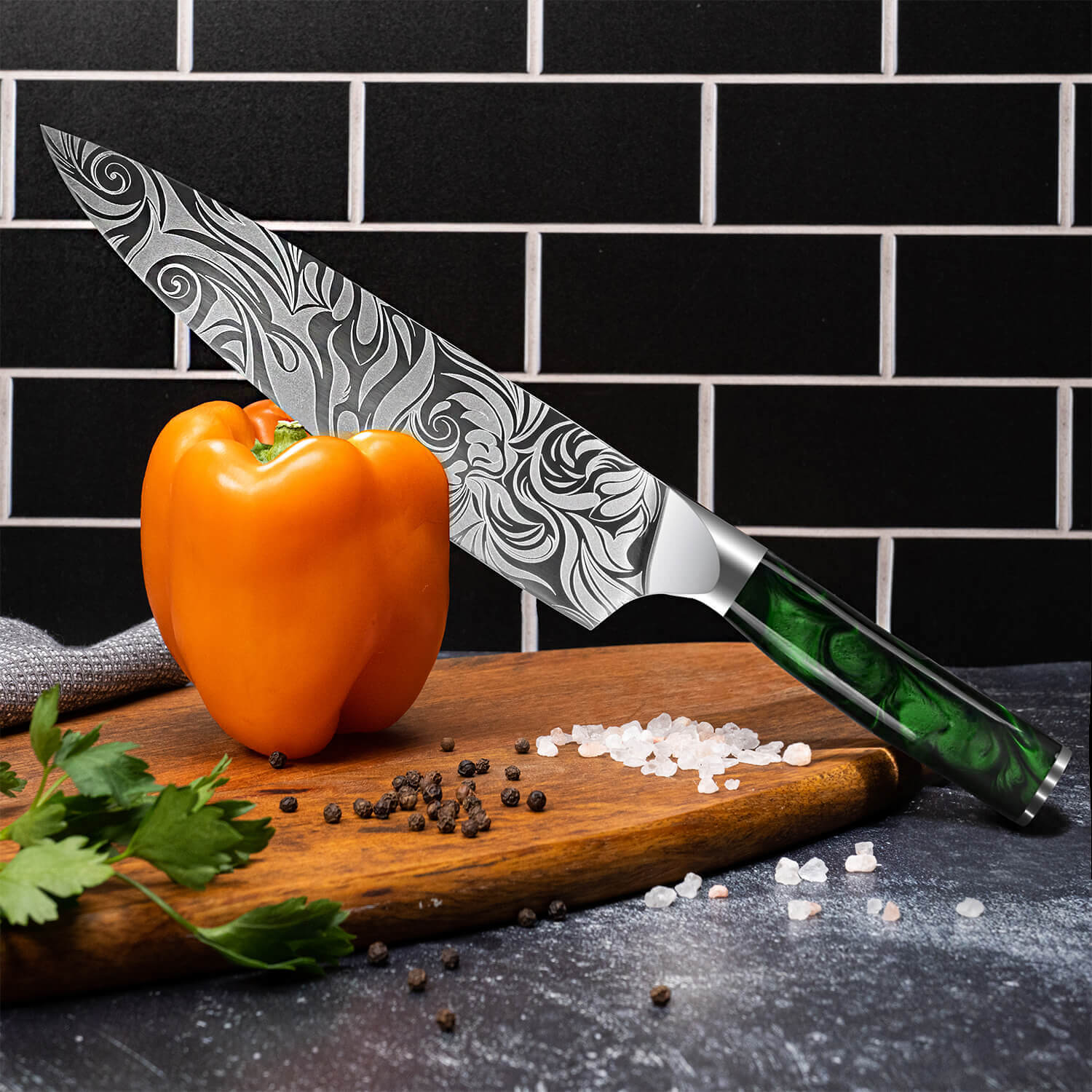 8-Piece Wasabi Japanese Kitchen Knife Collection Engraved Blades Green Resin Handles by Senken Knives Bell Pepper Lifestyle