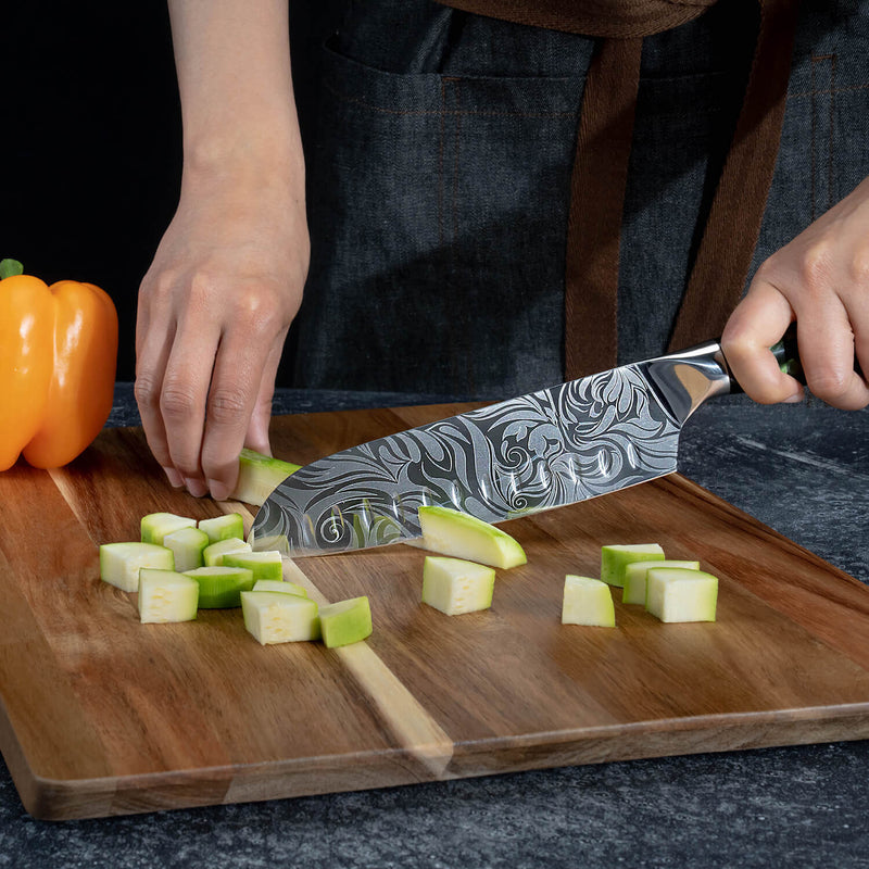 Wasabi Santoku Knife Cutting Vegetables
