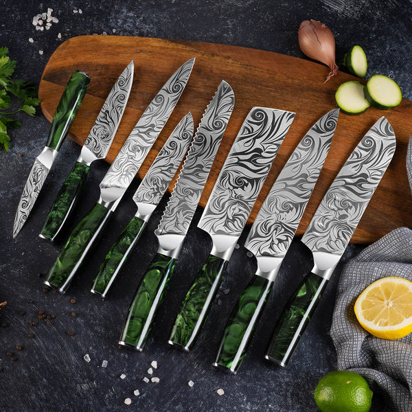 8-Piece Wasabi Japanese Kitchen Knife Collection Engraved Blades Green Resin Handles by Senken Knives Lifestyle on Cutting Board