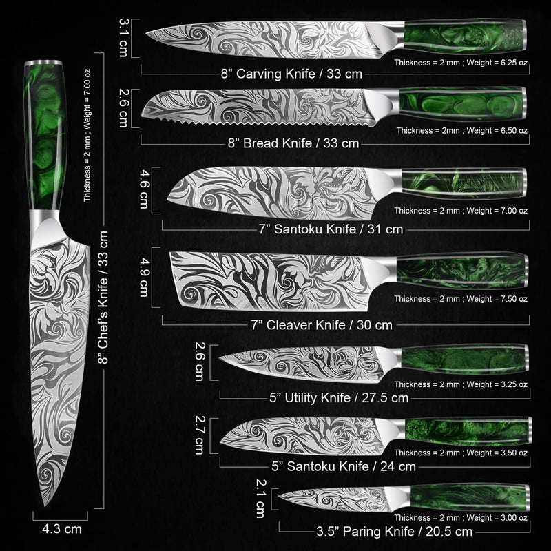 Beautifully Engraved Knife Set Japanese Knife Set With Green Resin Handles  wasabi 8-piece Knife Collection -  Norway