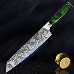 Wasabi 9" Kiritsuke Knife Engraved Green Resin Handle Senken Knives Dark BG