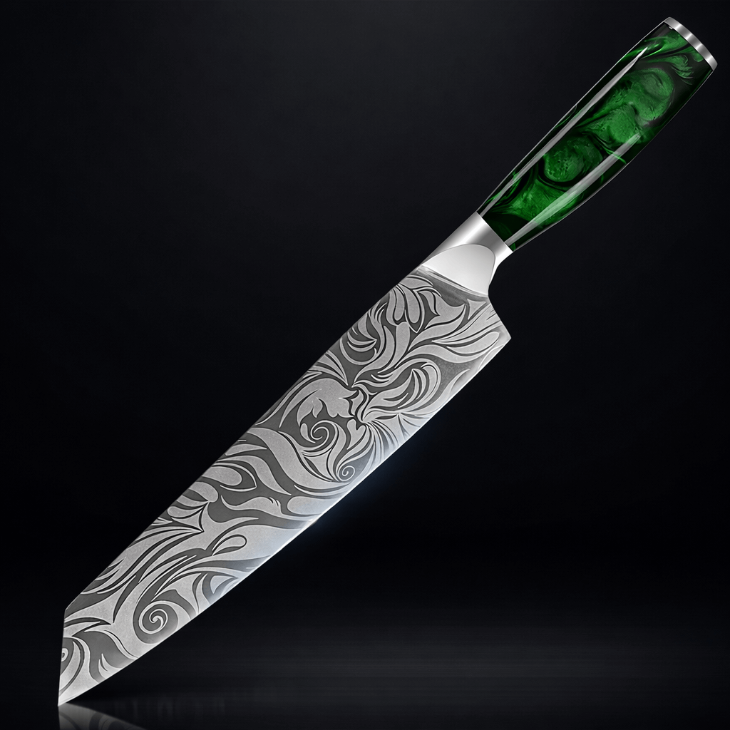Wasabi 9" Kiritsuke Knife Engraved Green Resin Handle Senken Knives Dark BG
