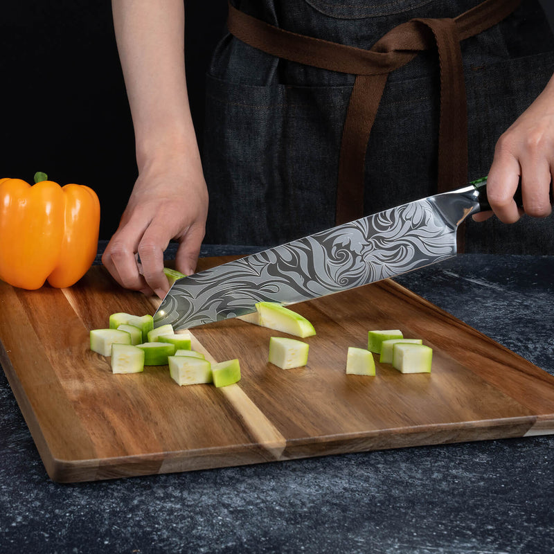 Wasabi 9" Kiritsuke Knife Engraved Green Resin Handle Senken Knives Cutting Vegetables