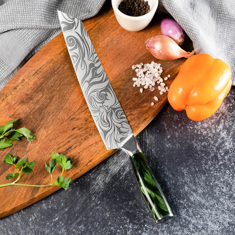 Wasabi 9" Kiritsuke Knife Engraved Green Resin Handle Senken Knives Kitchen Lifestyle
