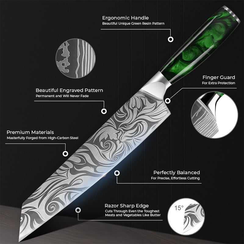 Wasabi 9" Kiritsuke Knife Engraved Green Resin Handle Senken Knives Info & Specs