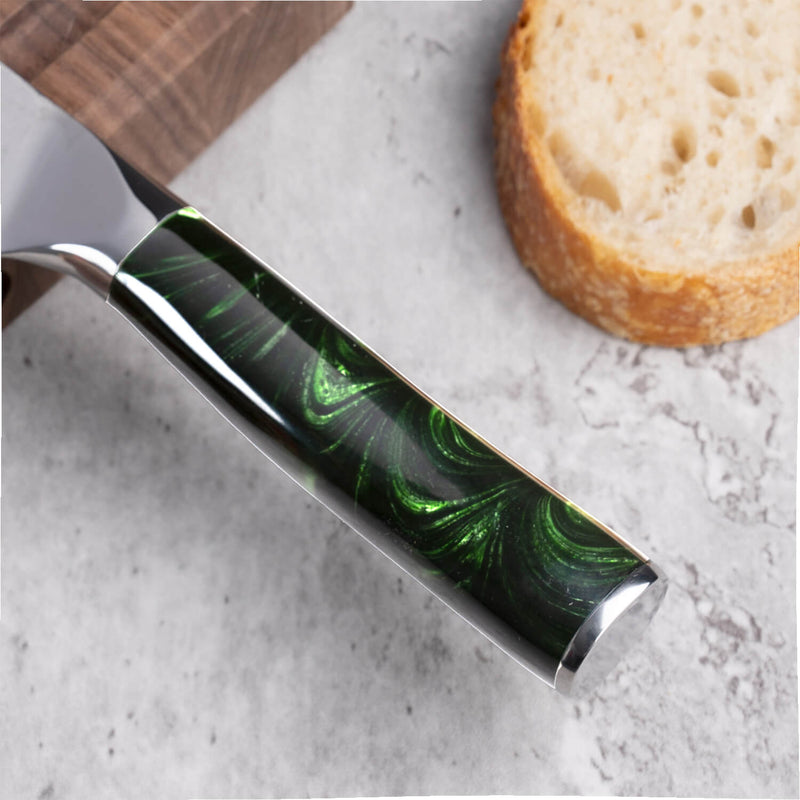 Wasabi 9" Kiritsuke Knife Engraved Green Resin Handle Senken Knives Handle Closeup