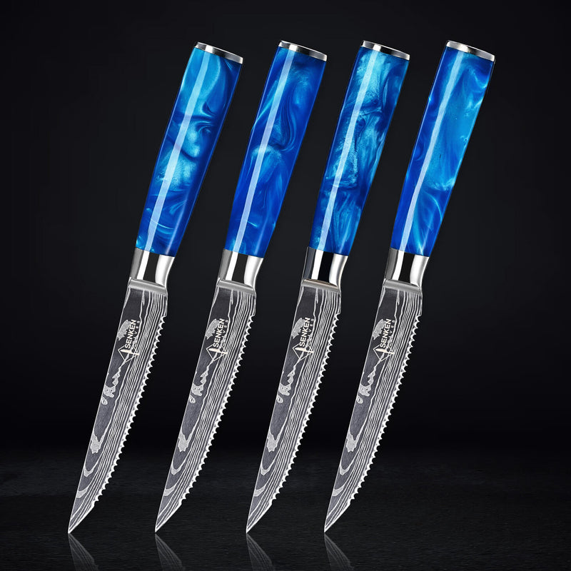 4-Piece Cerulean Blue Resin Handle Steak Knife Set by Senken Knives Main Image on Black