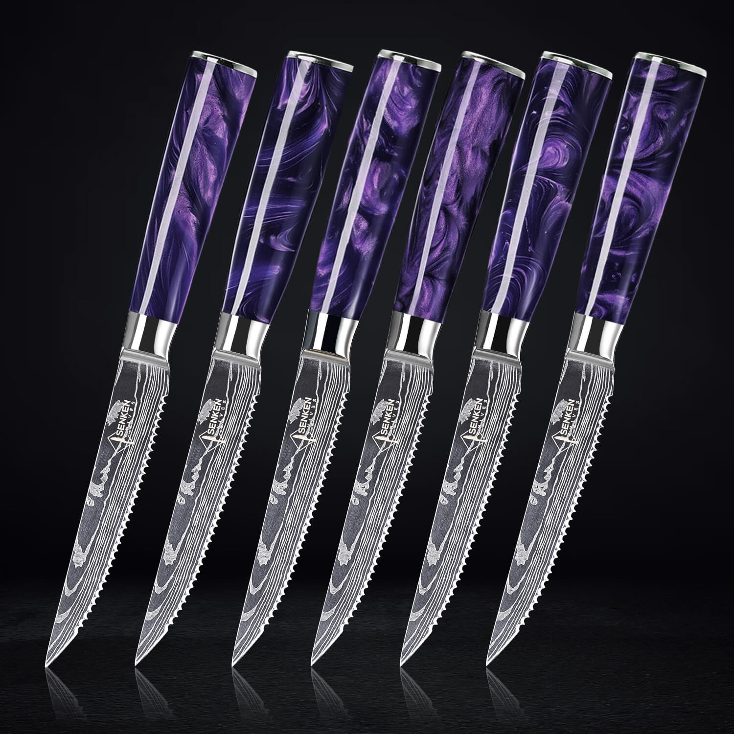 Purple Resin Handle Steak Knife Set 6-Piece Senken Knives High Carbon Steel Steak Knives