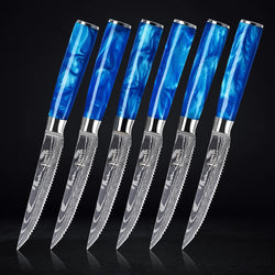 6-Piece Cerulean Blue Resin Handle Steak Knife Set by Senken Knives Main Image on Black