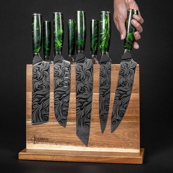 SENKEN 8-piece Premium Japanese Kitchen Knife Set with Laser Damascus Pattern - Imperial Collection - Chef's Knife, Santoku Knife, Bread Knife & More