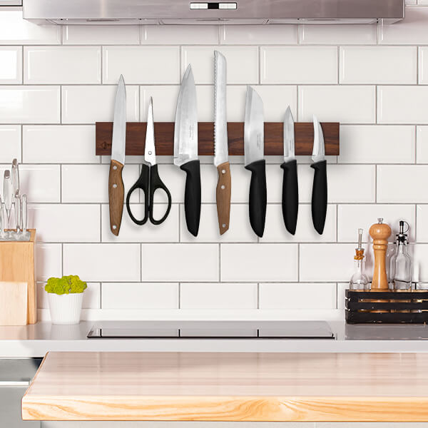 Acacia Wood Magnetic Knife Strip in Kitchen