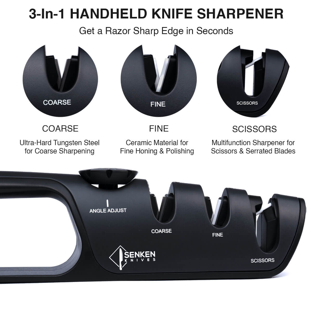 3-In-1 Handheld Knife Sharpener with Adjustable Angle Dial (14-24 degr