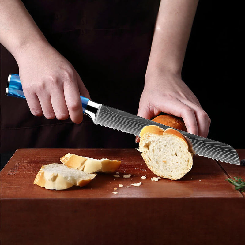 Blue Resin Handle Bread Knife Cutting Loaf