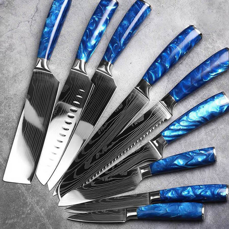 8-Piece Cerulean Blue Knife Set Damascus Pattern Senken Knives