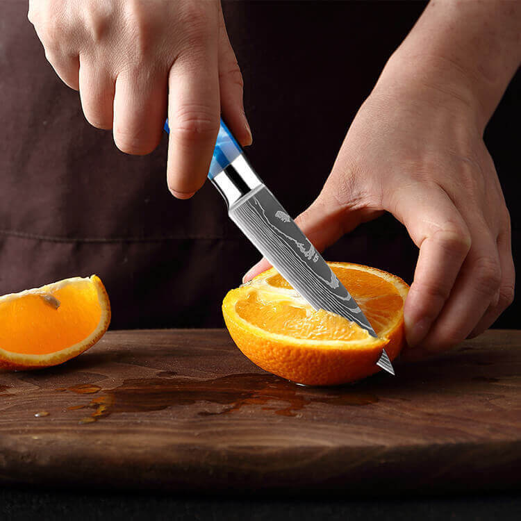 SENKEN 8-Piece Japanese Knife Set with Blue Resin Handle and Laser Damascus Pattern - Cerulean Collection - Chef's Knife, Santoku Knife, Bread Knife
