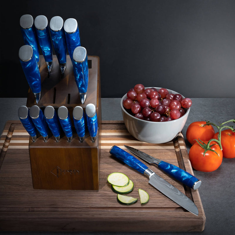 Acacia Knife Block Set Japanese Chef Knife 16 Piece Damascus Pattern Blue Resin Handles Lifestyle Image 2