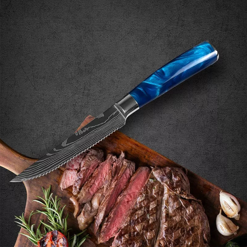 Senken Knives Cerulean Blue Steak Knife Handle Damascus Pattern Cutting Meat