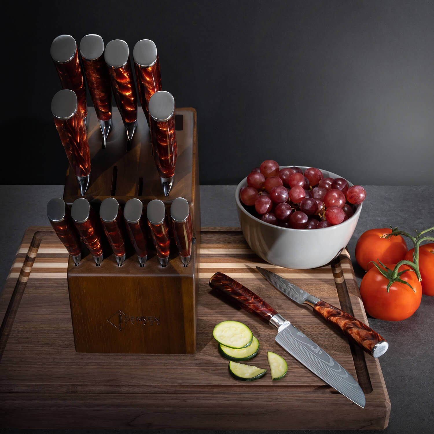 Acacia Knife Block Set Japanese Chef Knife 16 Piece Damascus Pattern Red Resin Handles Lifestyle Image 2
