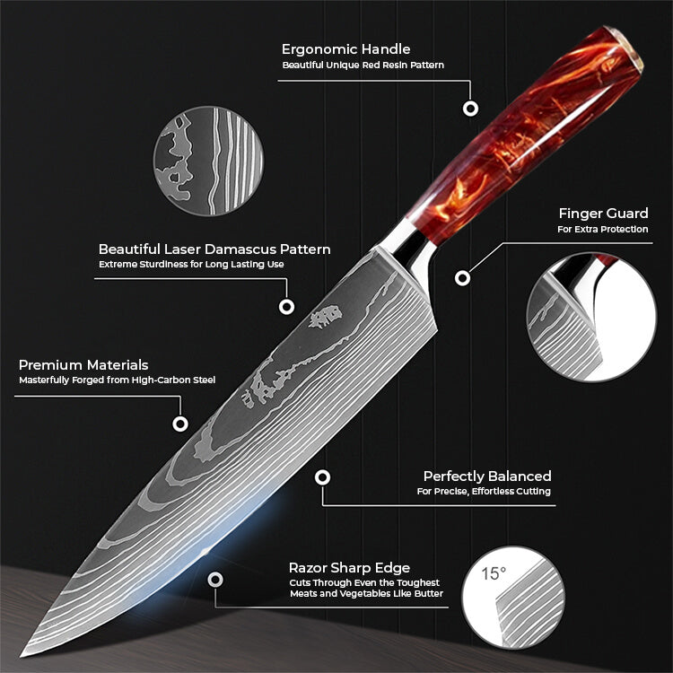 Crimson Red Chef Knife Damacsus Pattern Infographic